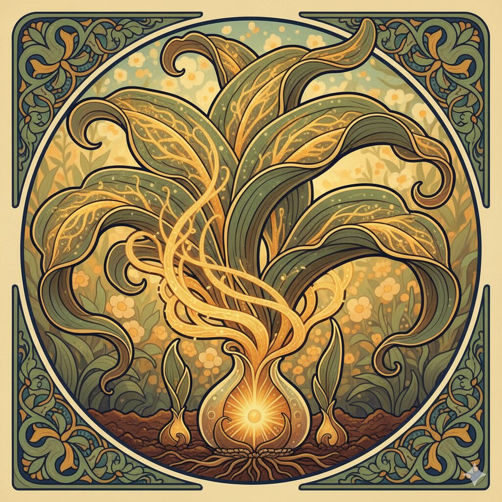 太陽の光を浴びて光合成を行うチューリップの葉のイラスト。栄養が球根に送られる様子をイメージさせる。