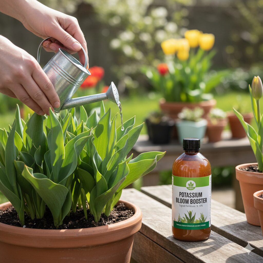葉が緑色のチューリップに水やりをしている手元と、カリウムを主成分とする液体肥料のボトル。