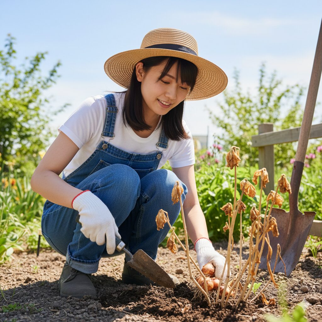 完全に葉が枯れて茶色くなったチューリップの茎を目印に、スコップで球根を優しく掘り起こしている画像。