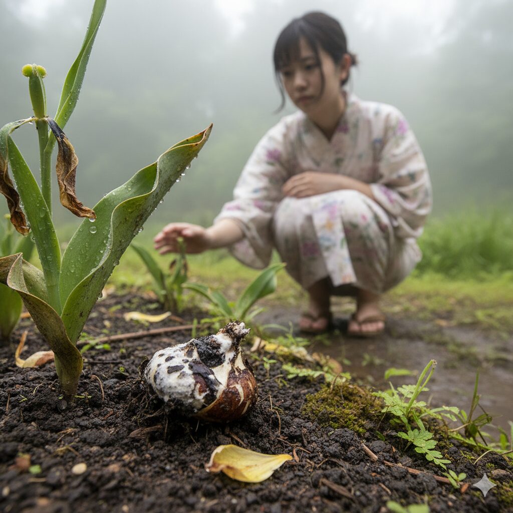 高温多湿の日本の夏を象徴するジメジメした土と、それに囲まれた腐りかけたチューリップの球根。