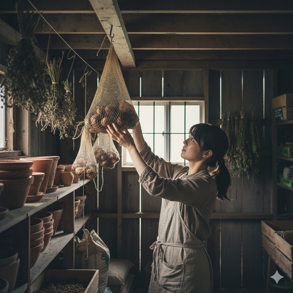 乾燥させたチューリップの球根が、通気性の良いネットに入れられ、涼しい物置で吊るされている様子。