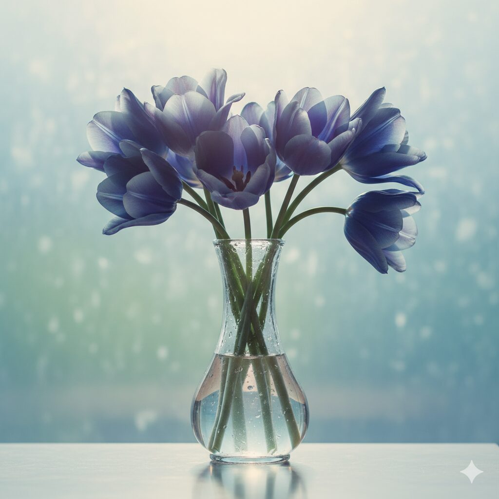 複数の青いチューリップが花瓶に活けられ、透明感のある背景に柔らかい光が差し込んでいる様子。