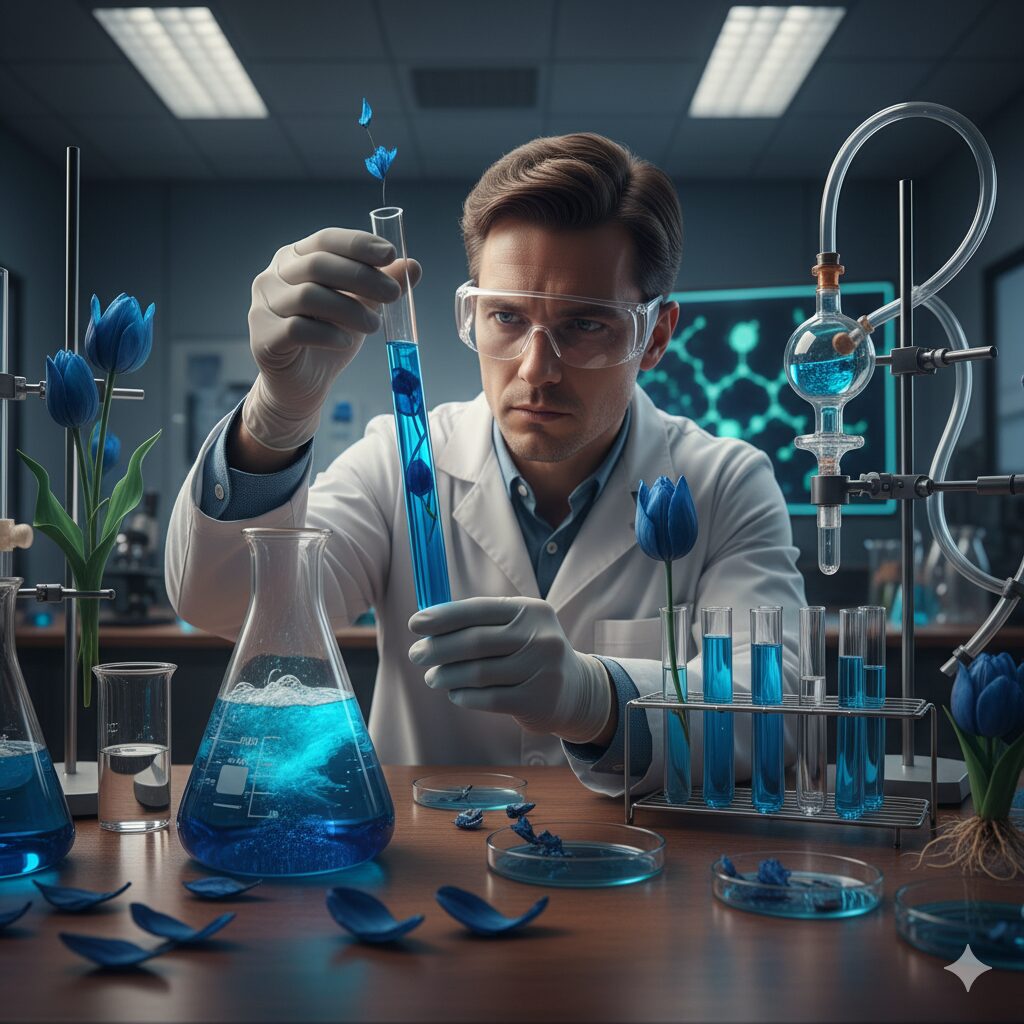 フラスコや試験管、植物の細胞モデルが並べられた実験室で、科学者が真剣な表情で青いチューリップの研究をしている様子。
