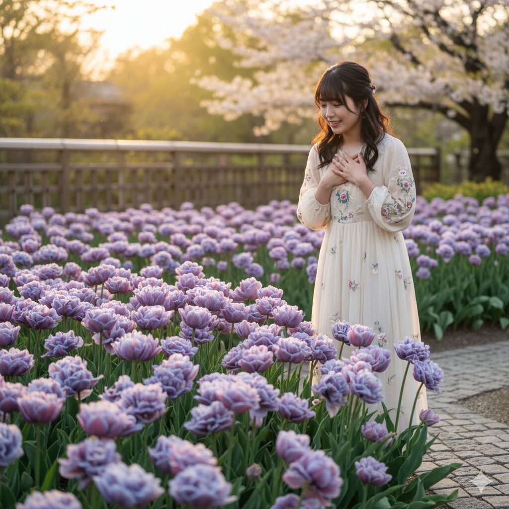 青みがかった紫色のチューリップ「ブルーダイヤモンド」が庭で咲き誇り、その美しさに感動する若い日本人女性。