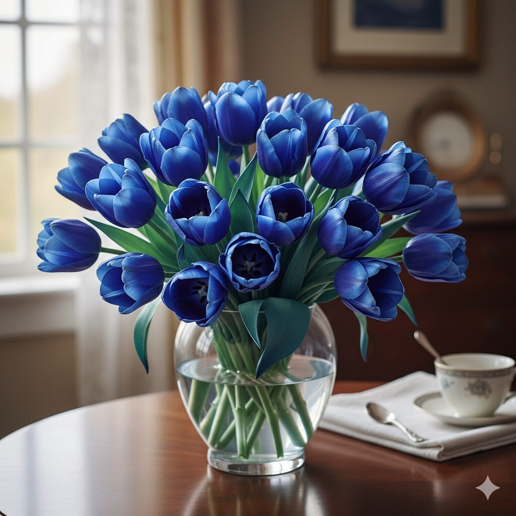 鮮やかなコバルトブルーに染色されたチューリップが花束になり、テーブルに飾られている様子。