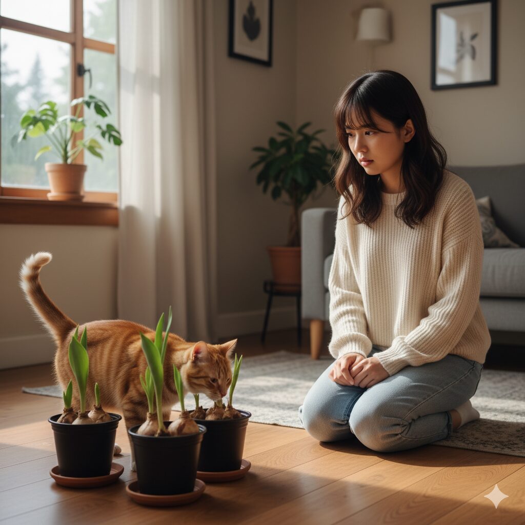 チューリップの球根から距離を置き、心配そうな表情でペット（犬や猫）を見守る若い日本人女性。