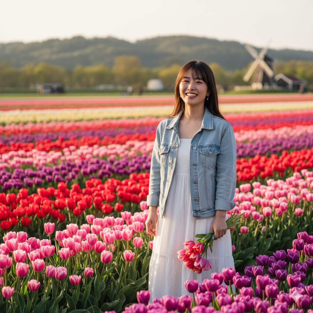 多様な色（赤、ピンク、紫など）のチューリップが美しく咲く花畑の中、笑顔でたたずむ若い日本人女性。