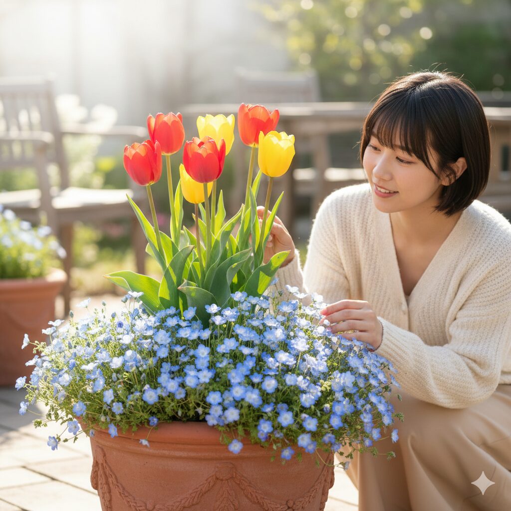 ネモフィラ 何月　赤や黄色のチューリップと、その足元を青いネモフィラが埋め尽くすように咲く、春らしい寄せ植えの鉢植え写真。