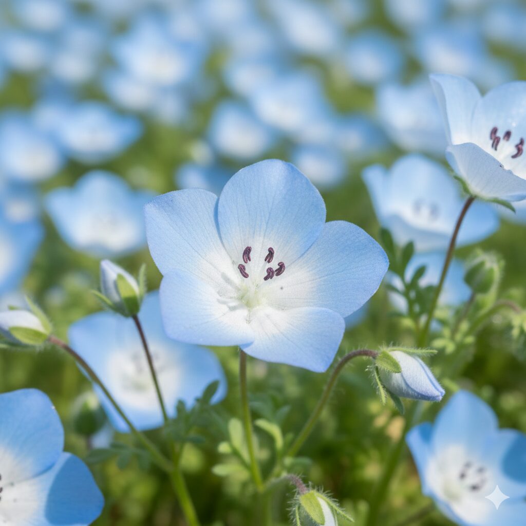 ネモフィラ 何月　緑の葉が隠れるほど密集して満開を迎え、生き生きと咲き誇るネモフィラの花々のクローズアップ写真。