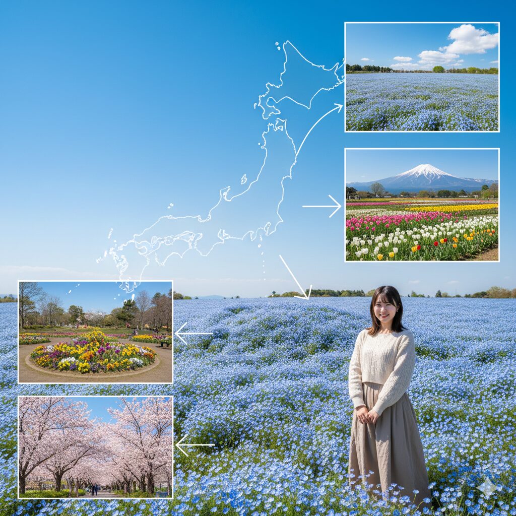 ネモフィラ 何月　日本列島の地図上に表示された、九州から北海道までの地域別ネモフィラ見頃時期と風景のインフォグラフィック。