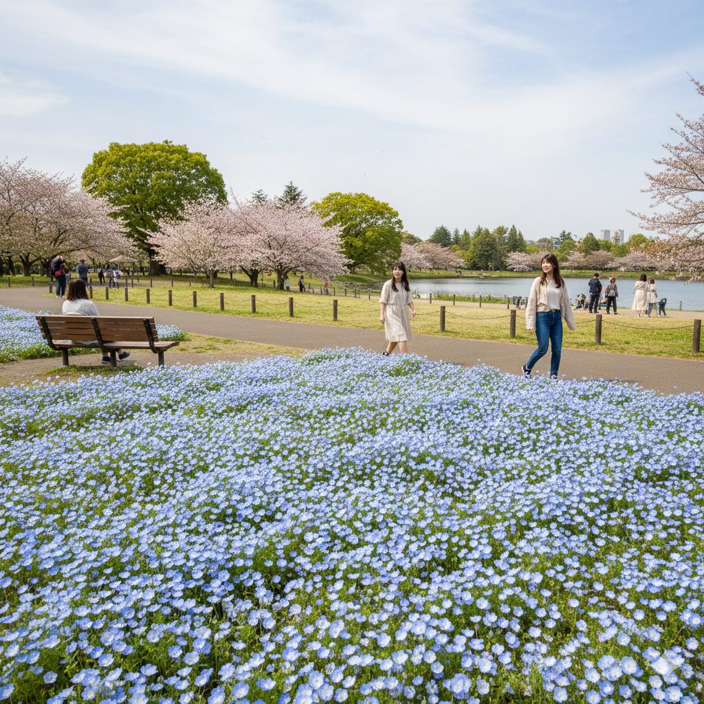 ネモフィラ 何月　大阪府八尾市・久宝寺緑地で、地域の人々がのんびりと楽しんでいるネモフィラ花壇の風景写真。