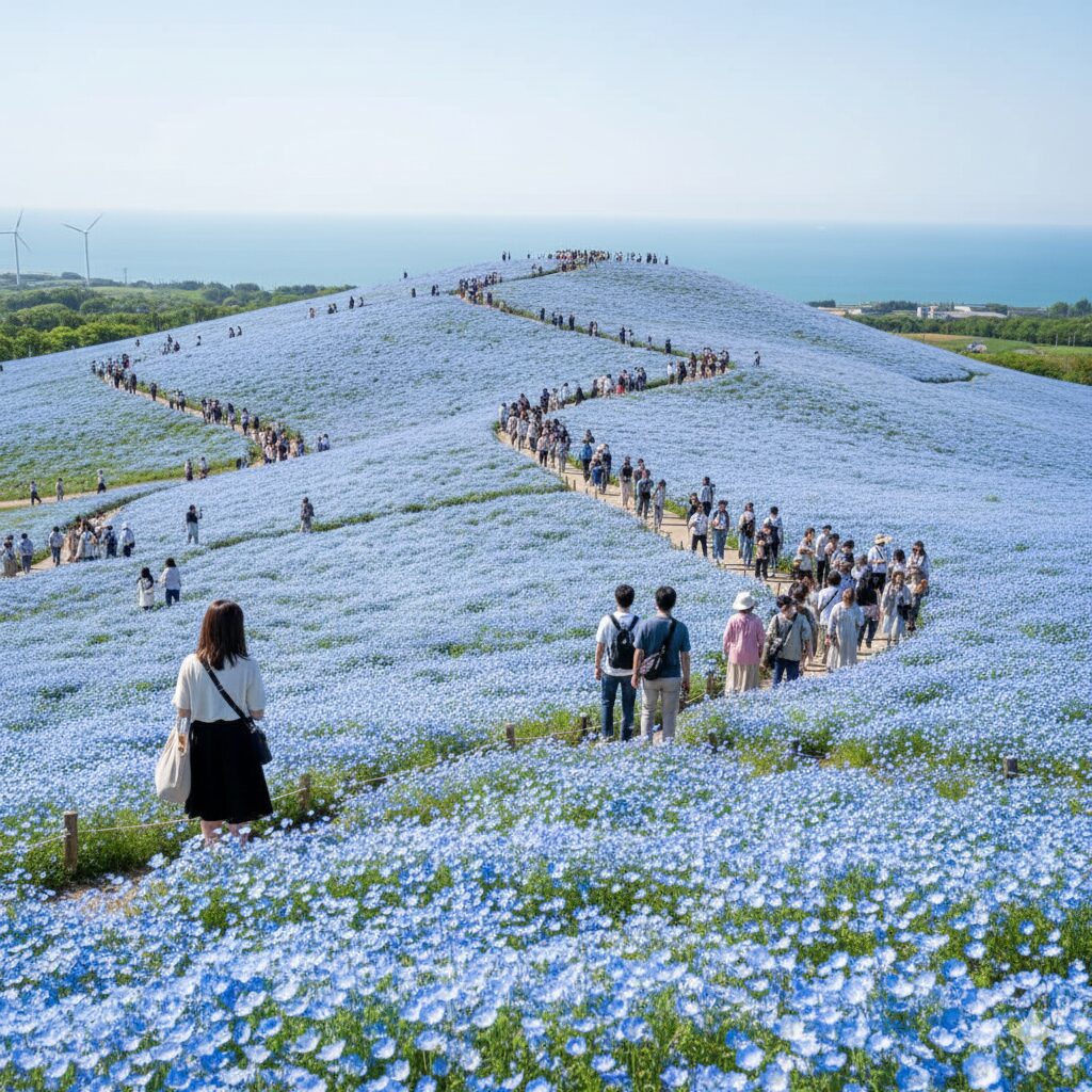 ネモフィラ 何月　茨城県・国営ひたち海浜公園「みはらしの丘」一面を青く染め上げる、満開のネモフィラ畑のパノラマ絶景写真。