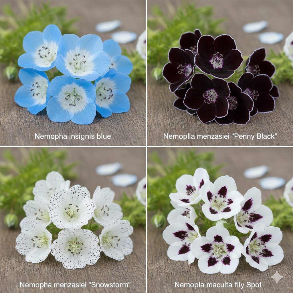 ネモフィラ 何月　ネモフィラの異なる4品種（インシグニスブルー、ペニーブラック、スノーストーム、マキュラータ）の花の色と模様の比較写真。