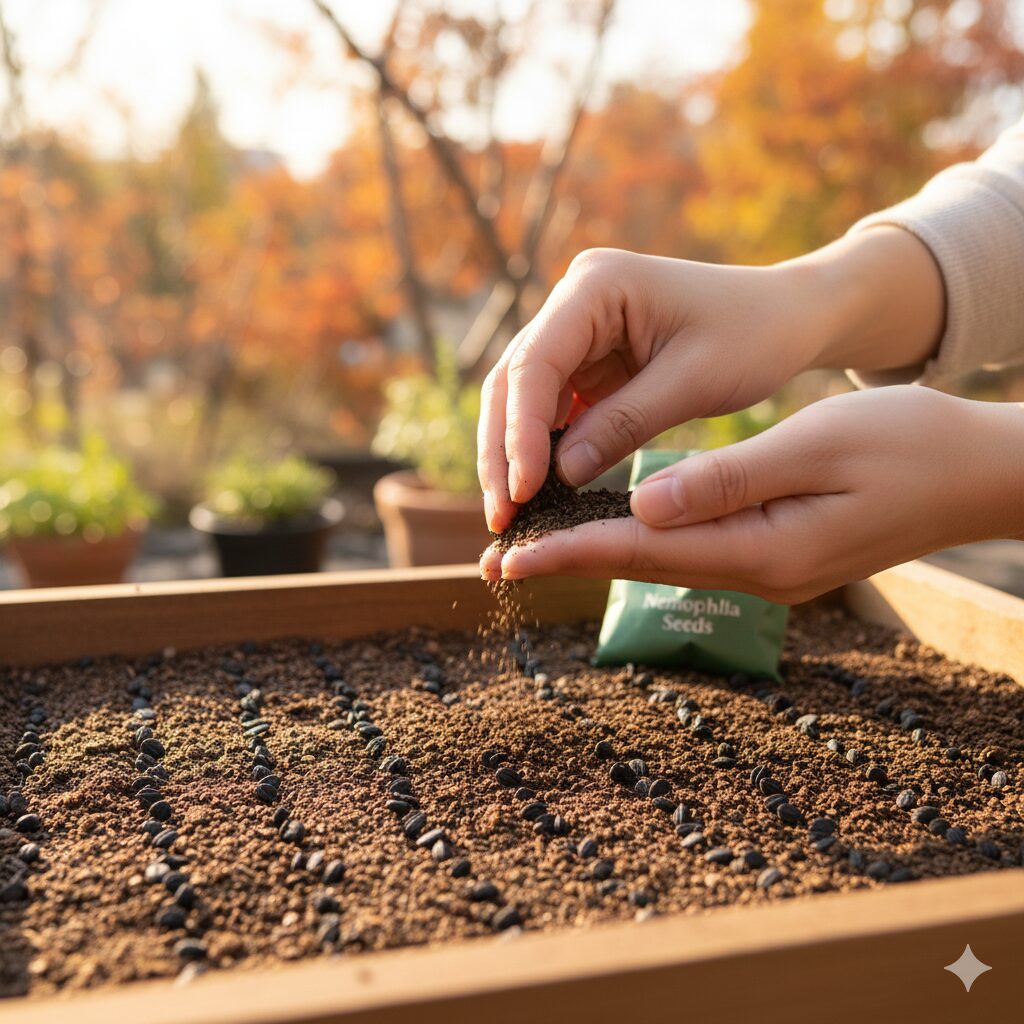 ネモフィラ 何月　秋の園芸作業で、プランターの土にネモフィラの小さな種をまき、手で薄く土を被せている様子の接写写真。