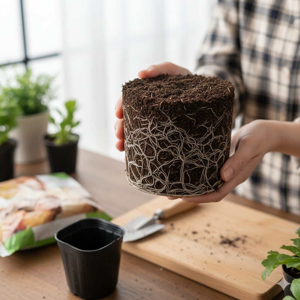 ネモフィラ 何月　ビニールポットから取り出した直後の、白い根が回って土が崩れていないネモフィラ苗の根鉢の状態を示すクローズアップ写真。