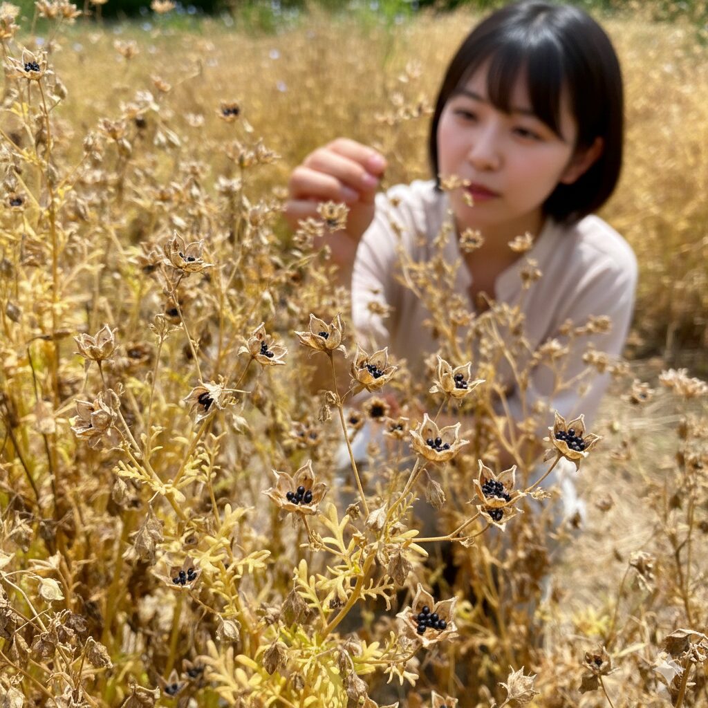 ネモフィラ 何月　花期が終わり枯れ込んだネモフィラの株と、茶色く乾燥して種採取の時期を迎えた実のクローズアップ写真。