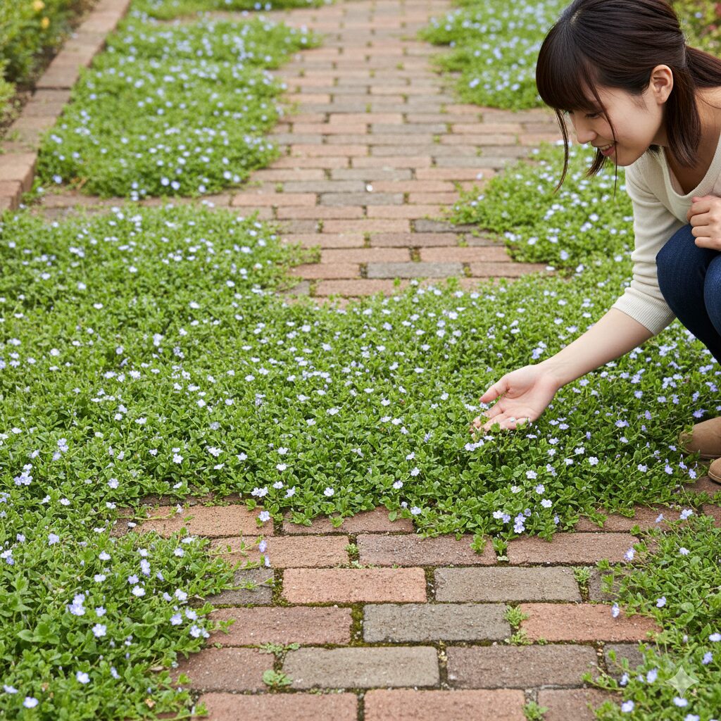ネモフィラ 多年草　レンガの小道の隙間に植えられ、踏圧に耐えて広がるプラティア（エクボソウ）の花と葉。