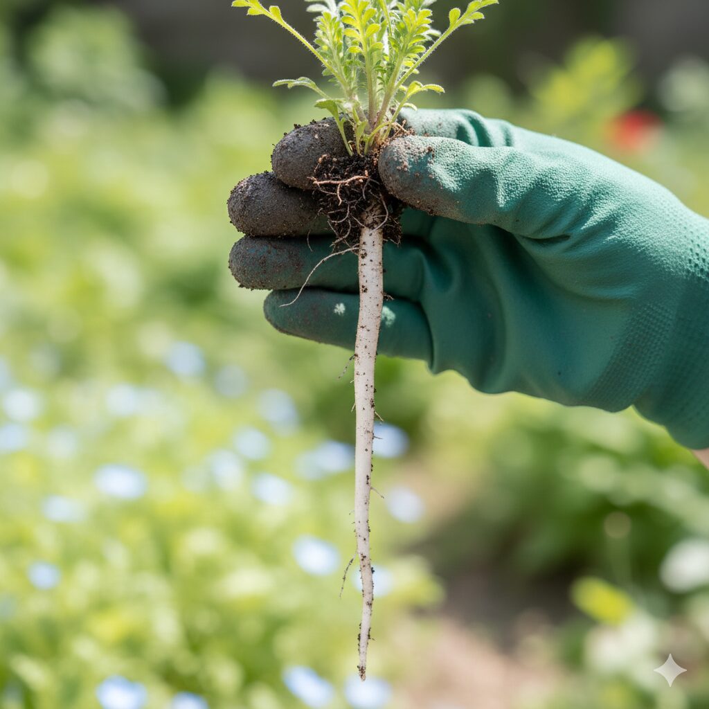 ネモフィラ 多年草　土から掘り上げられたネモフィラの苗。太く真っ直ぐな直根性の根の構造がはっきりと分かる様子。
