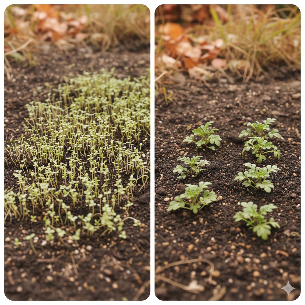 ネモフィラ 多年草　ネモフィラのこぼれ種発芽後の比較写真。左は密集した状態、右は適切に間引きされて株間が空いた健康な状態。