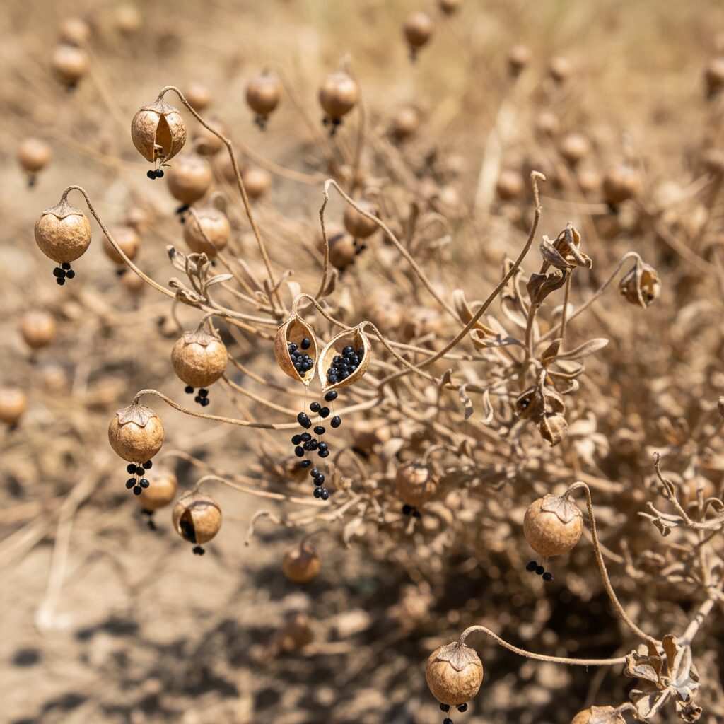 ネモフィラ 多年草　花後に茶色く枯れたネモフィラの株。種が熟して乾燥したサヤがたくさんついている様子。