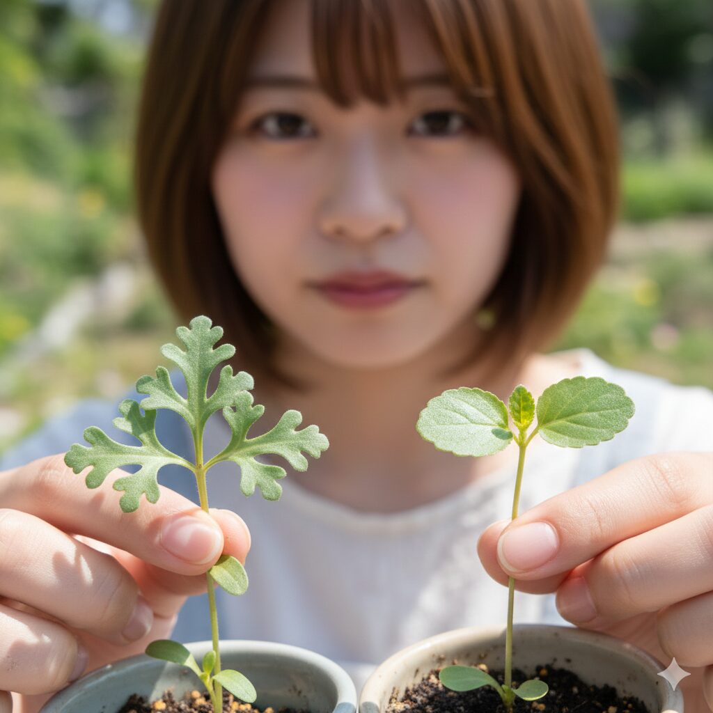 ネモフィラ 多年草　ネモフィラ（左）と雑草のオオイヌノフグリ（右）の本葉の比較写真。葉の切れ込みや形の明確な違いを示す。