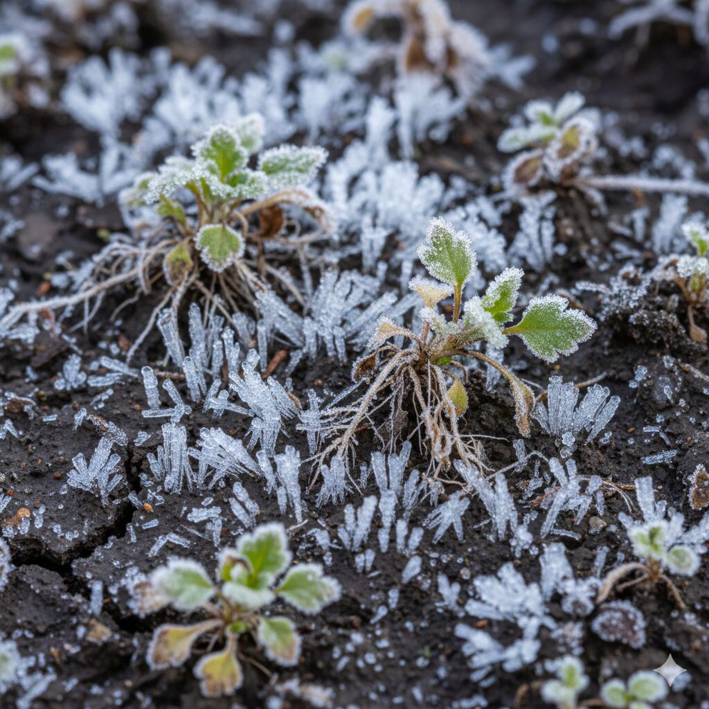 ネモフィラ 多年草　冬の畑で霜柱によって土が持ち上げられ、根が浮き上がってしまったネモフィラの小さな苗。