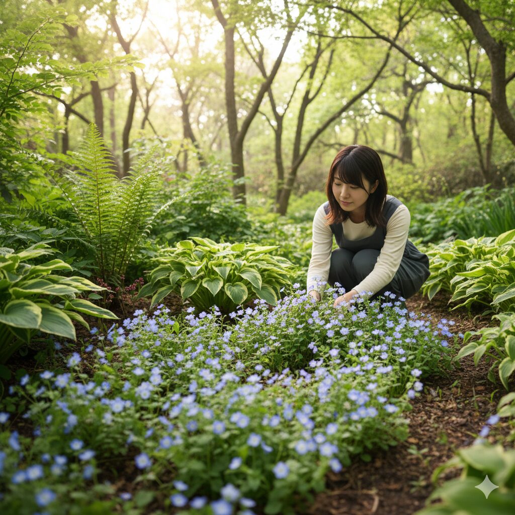 ネモフィラ 多年草　半日陰のシェードガーデンで可憐な青い花を咲かせるオンファロデスの群生。