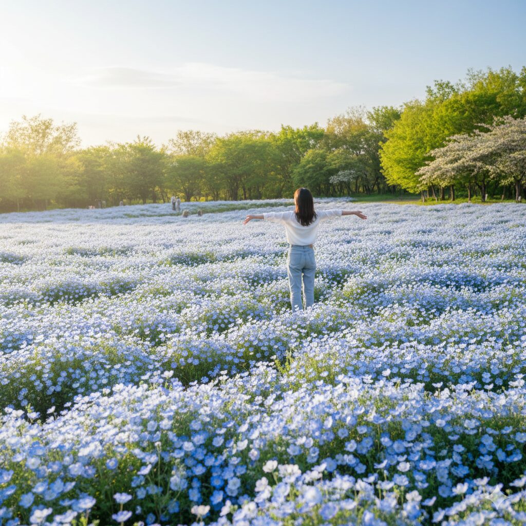 ネモフィラ 植える時期　　春のガーデン一面に広がる満開のネモフィラの青い絨毯。憧れの絶景。