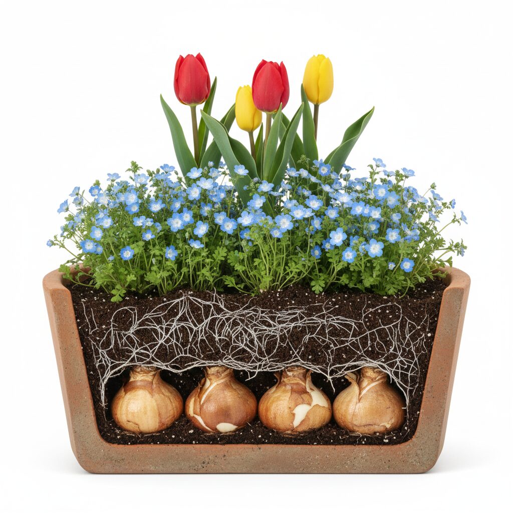 ネモフィラ 植える時期　プランターの下層にチューリップ球根、上層にネモフィラを配置した「ダブルデッカー植え」の断面図解。