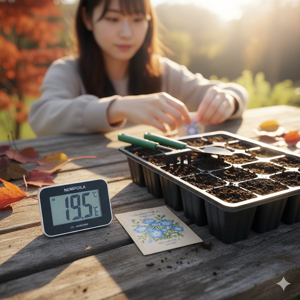 ネモフィラ 植える時期　ネモフィラの種まき適期を確認するため、デジタル温度計で外気温が約19.5℃であることを計測している様子。