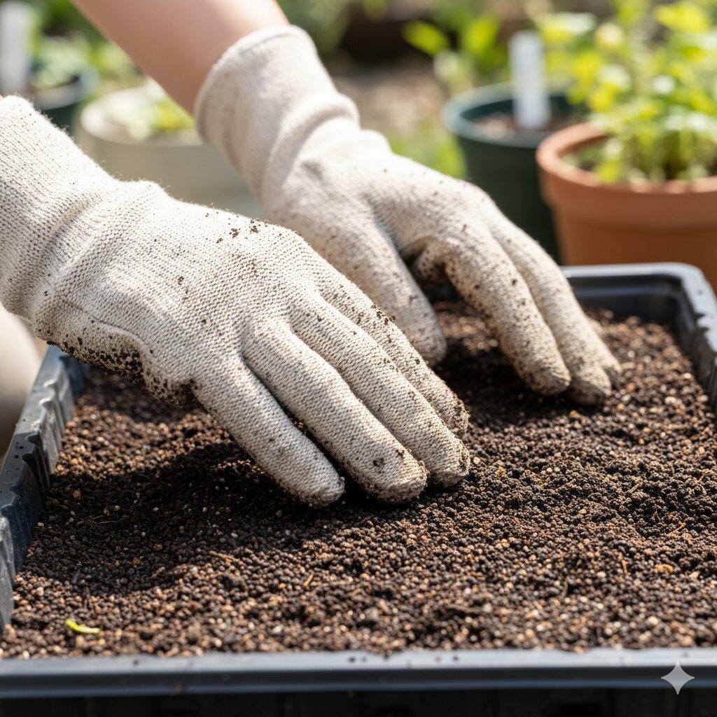 ネモフィラ 植える時期　　嫌光性種子であるネモフィラの種の上に、約5mmから10mmの土をしっかりと被せて鎮圧している様子。