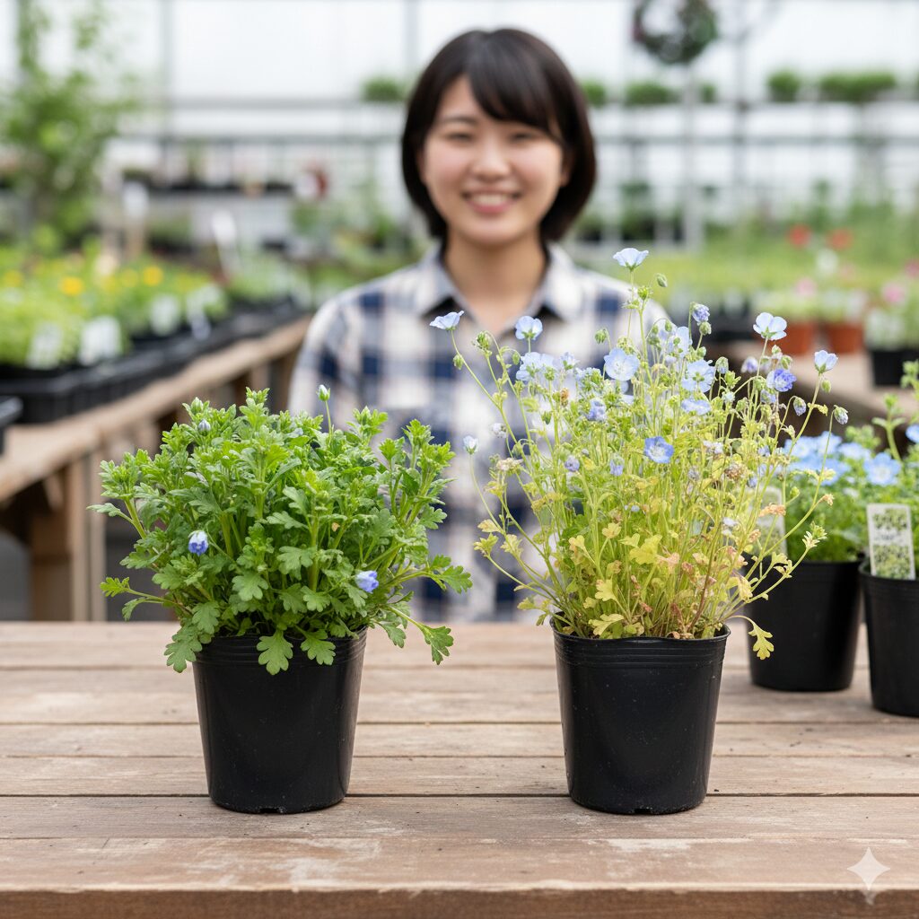 ネモフィラ 植える時期　　良いネモフィラ苗（左：株が引き締まり蕾が多い）と、徒長した悪い苗（右：茎が間延びして葉色が薄い）の比較。