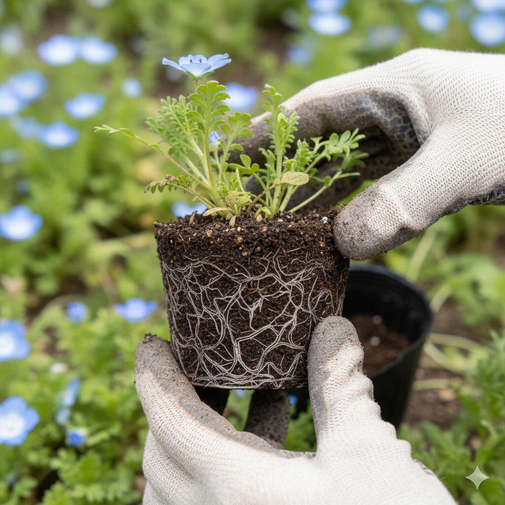ネモフィラ 植える時期　　直根性のネモフィラ苗を、根鉢を絶対に崩さないように細心の注意を払ってポットから取り出している様子。