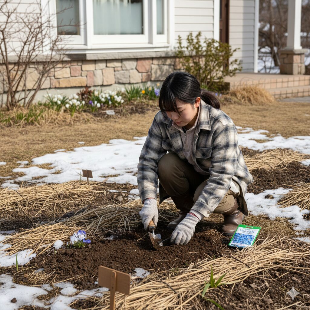 ネモフィラ 植える時期　　寒冷地の雪解け後の庭で、春まきのネモフィラ栽培に向けて土作りを始めている様子。