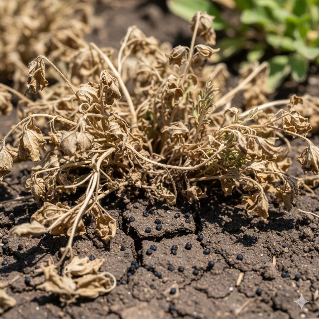 ネモフィラ 植える時期　　花が終わり茶色く枯れたネモフィラの株元から、熟した種子が自然に地面にこぼれ落ちている様子。