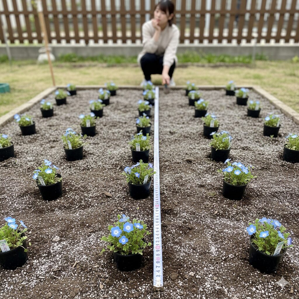 ネモフィラ 植える時期　　成長後の広がりを見越して、約20cm〜25cmの広い株間を空けて地植えされた直後のネモフィラ苗。