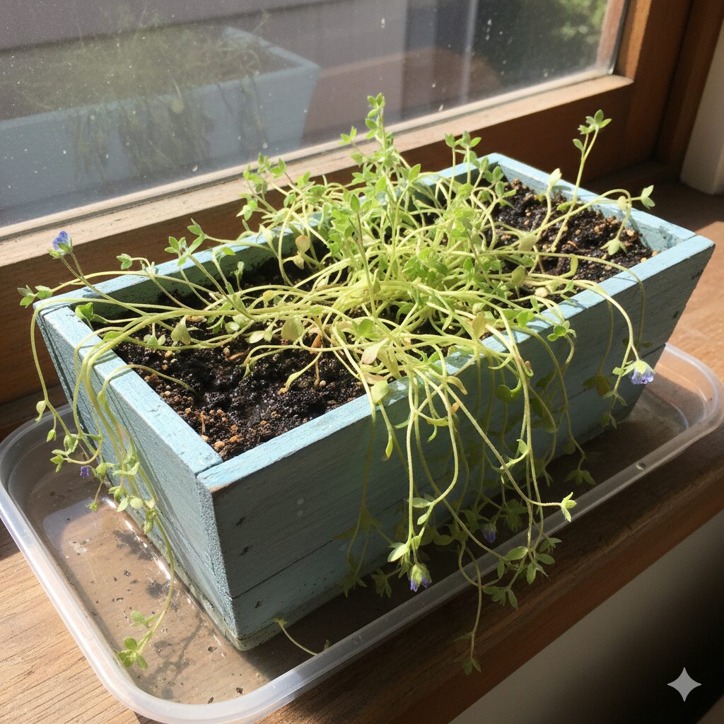 ネモフィラ 植える時期　　水のやりすぎと肥料過多により、茎がひょろひょろと徒長して軟弱になってしまったネモフィラの失敗例。