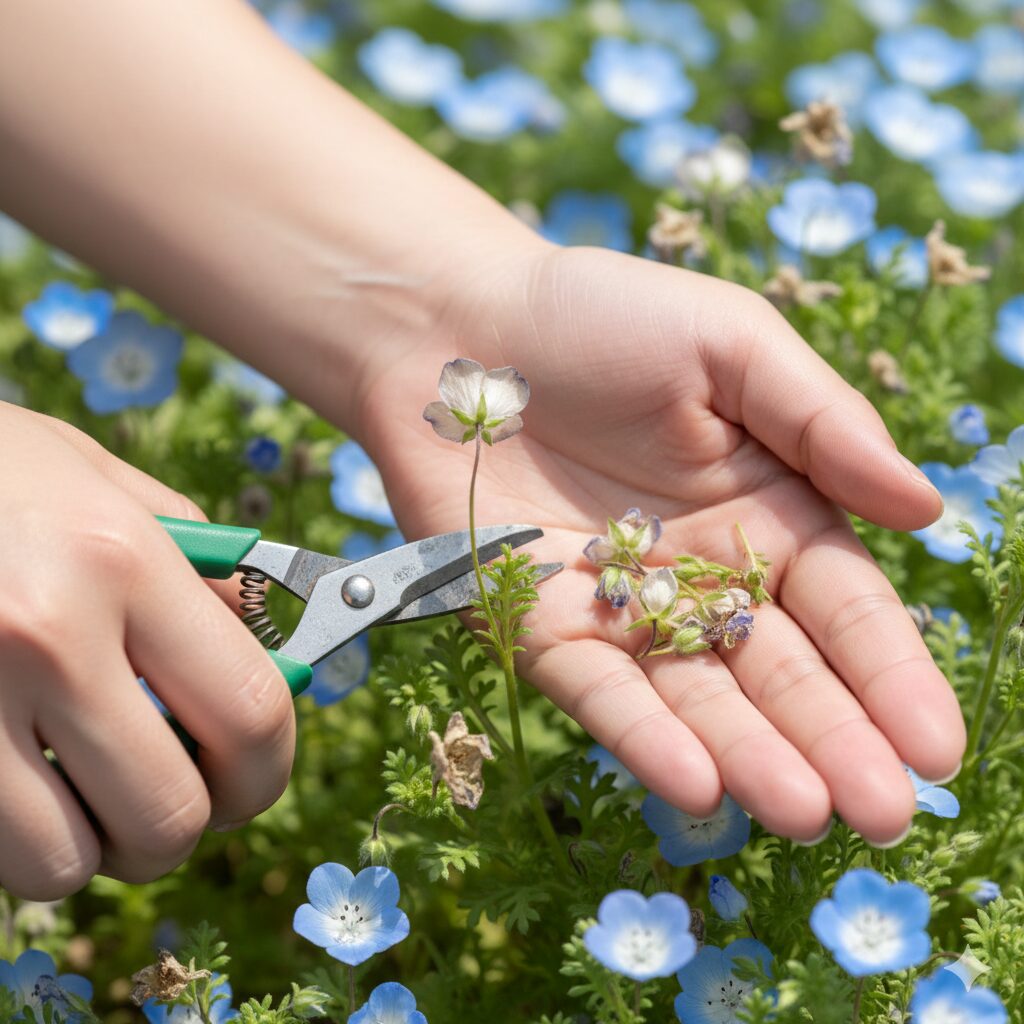 ネモフィラ 育て方 鉢植え ネモフィラの開花期間を延ばすために咲き終わった花殻を根元から摘み取る手入れ作業