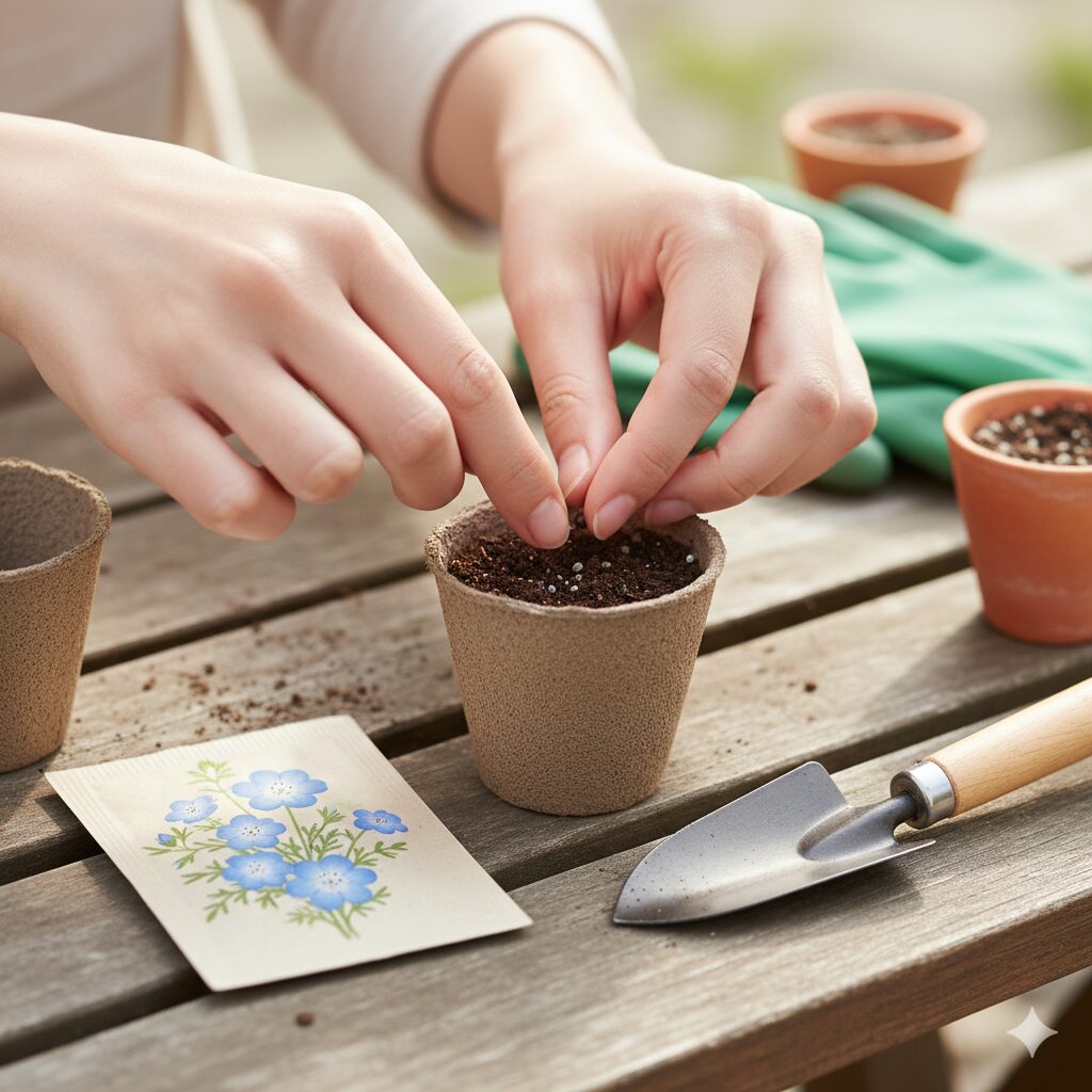 ネモフィラ 育て方 鉢植え 秋の園芸作業でポットの土にネモフィラの小さな種をまいている手の様子