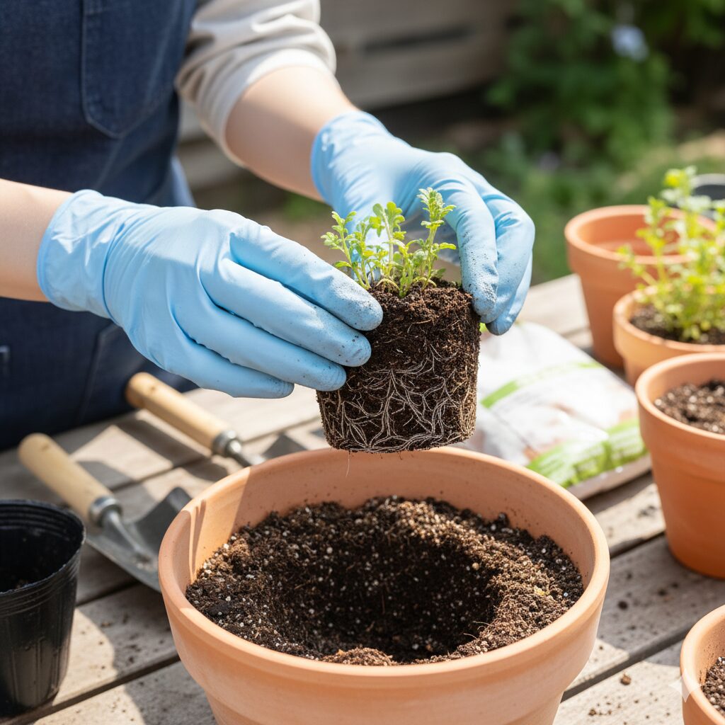 ネモフィラ 育て方 鉢植え ポットから抜いたネモフィラの根鉢を崩さずにそのまま新しい鉢へ植え付ける手順