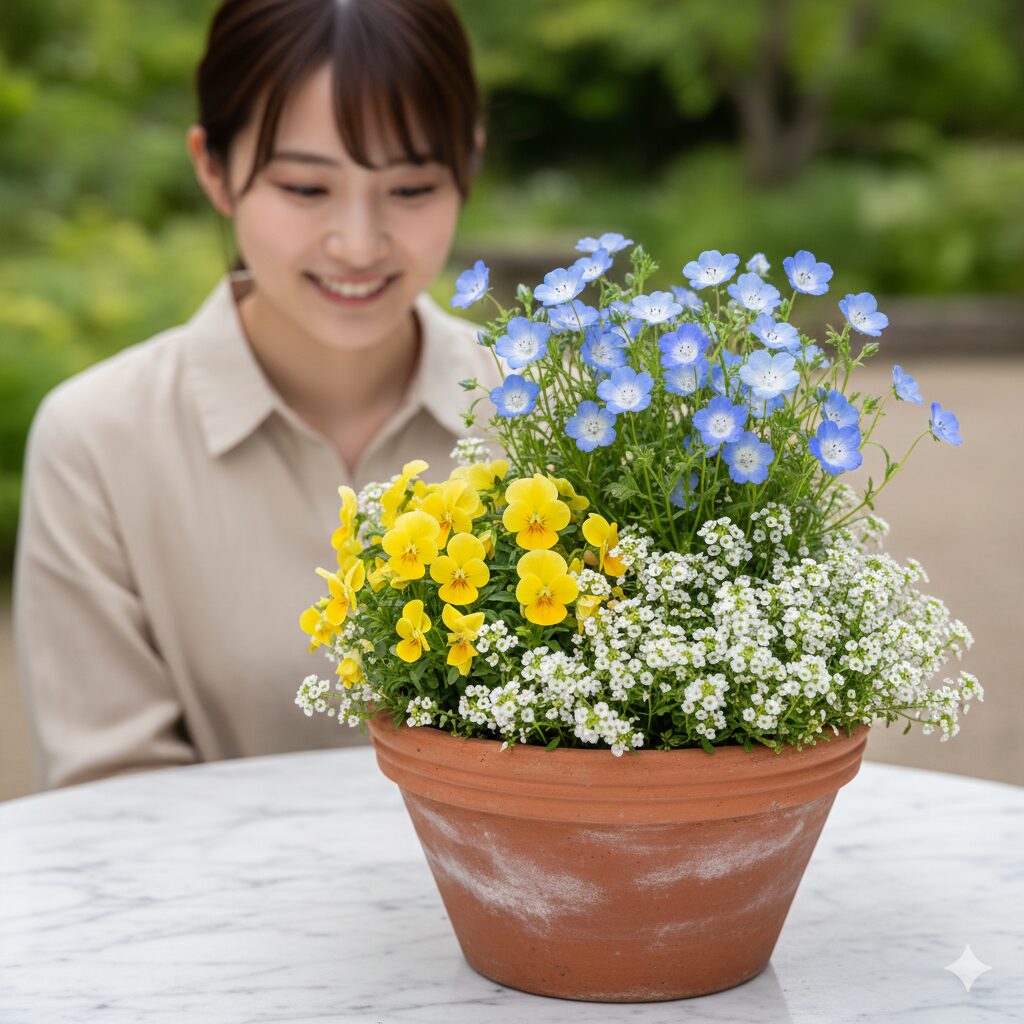 ネモフィラ 育て方 鉢植え ネモフィラの青い花と相性の良いビオラやアリッサムを組み合わせた春の寄せ植え