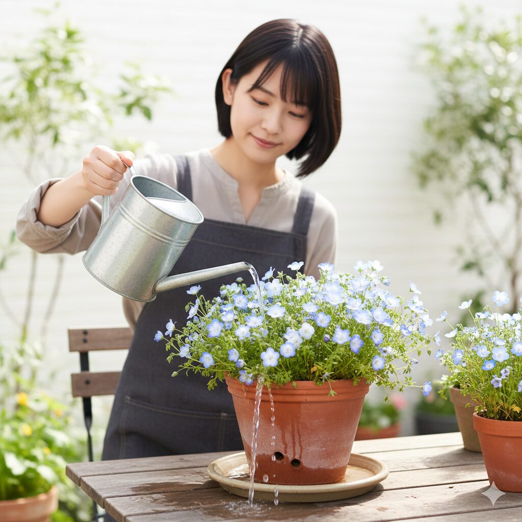 ネモフィラ 育て方 鉢植え ネモフィラの葉を避けて株元の土にジョウロでたっぷりと水やりをする正しい方法