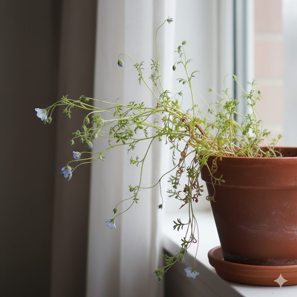 ネモフィラ 育て方 鉢植え 日照不足が原因で茎がひょろひょろと長く伸びて徒長してしまったネモフィラの姿