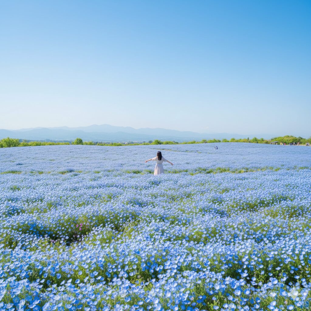 ネモフィラ 関東 穴場 マザー牧場の山の斜面に広がる100万株のネモフィラと青空の開放的な絶景