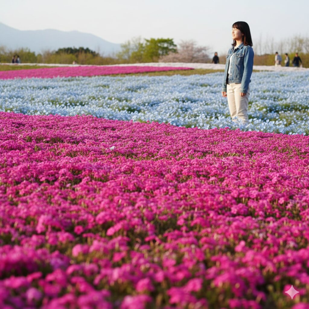 ネモフィラ 関東 穴場 富田さとにわ耕園で見られる芝桜のピンクとネモフィラの青が織りなす美しいコントラスト