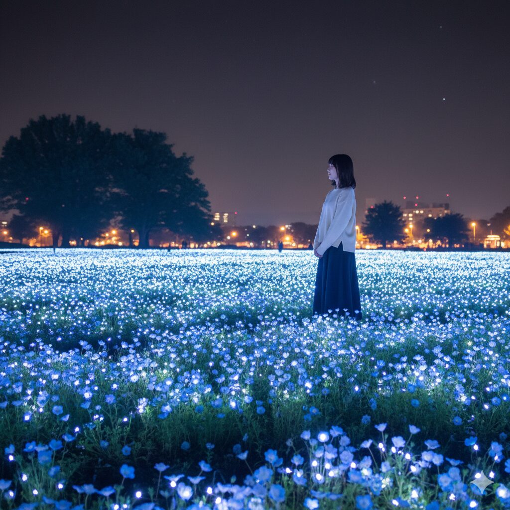 ネモフィラ 関東 穴場 舎人公園のイベントで夜間ライトアップされ幻想的に輝くネモフィラ畑
