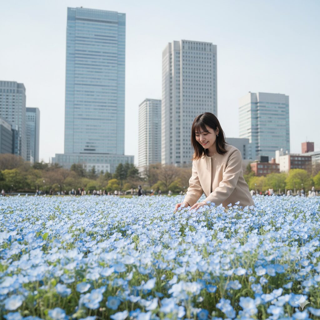 ネモフィラ 関東 穴場 日比谷公園のネモフィラ花壇と高層ビル群が調和した都会ならではの春の風景