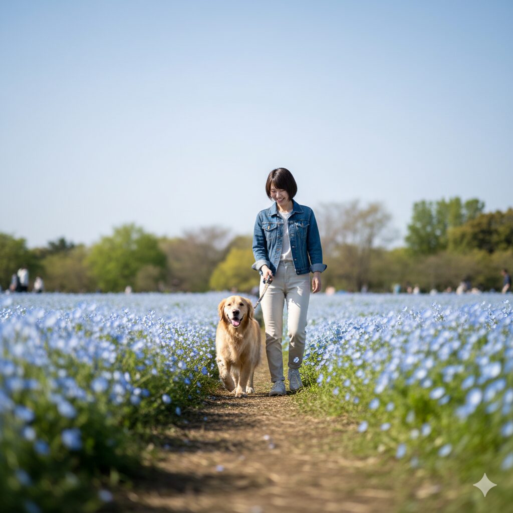 ネモフィラ 関東 穴場 昭和記念公園でリードをつけて愛犬と一緒にネモフィラ畑を散歩する様子