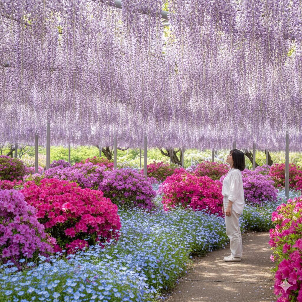 ネモフィラ 関東 穴場 あしかがフラワーパークで見頃を迎えた藤棚と足元を彩るネモフィラの立体的な競演