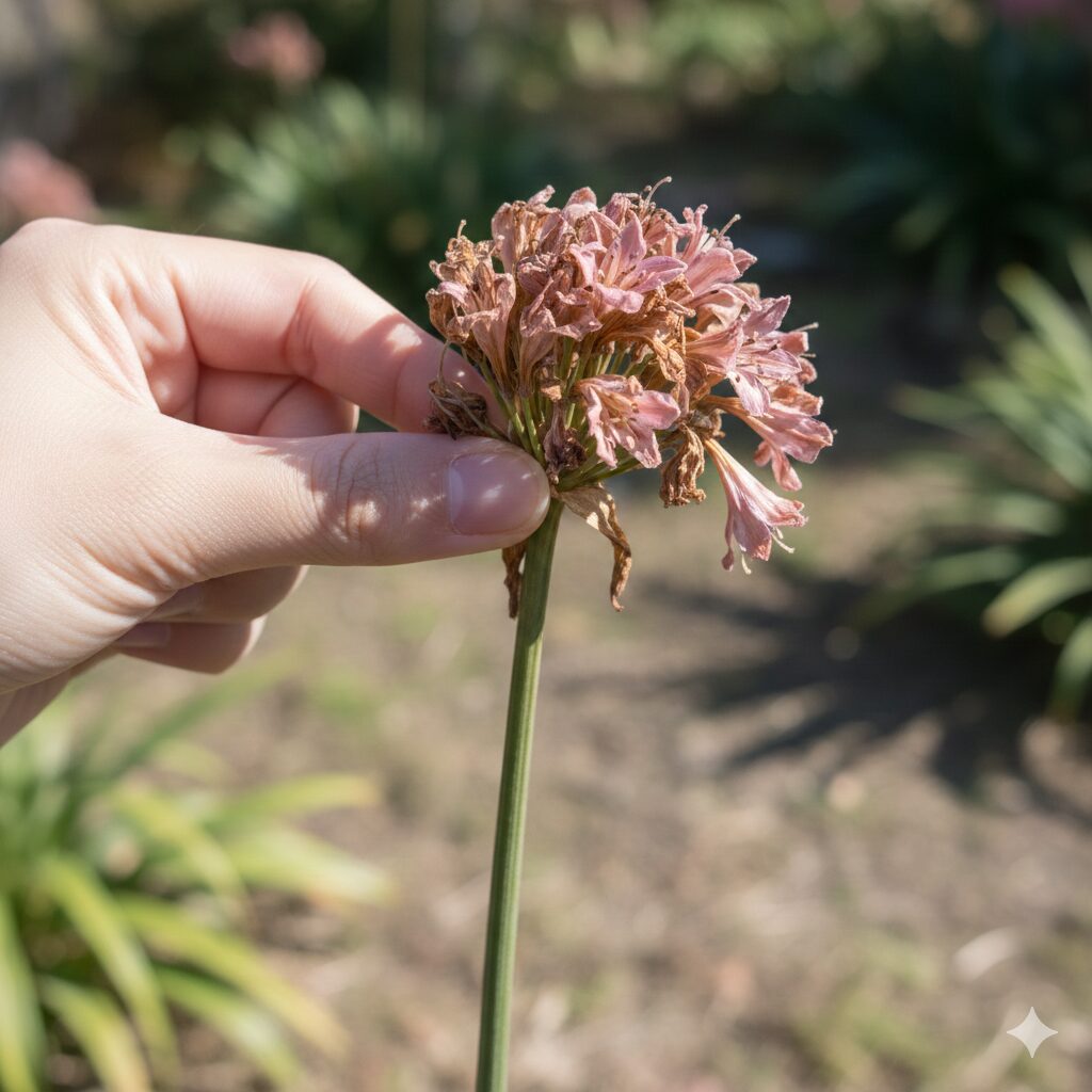 ネリネ 植えっぱなし　咲き終わったネリネの花を花首で折り取る花がら摘みの作業